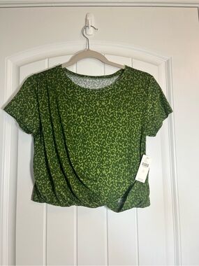 Anthropologie NWT Olive Green Leopard-Print Twist Front Tee